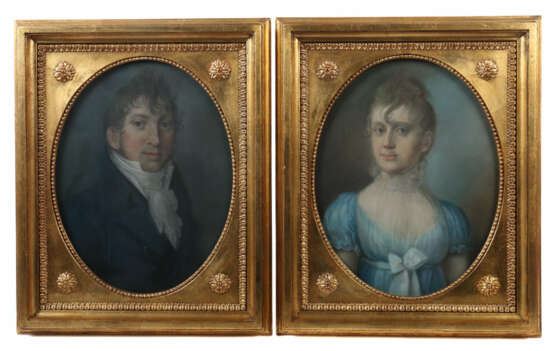 Maler des 19. Jahrhundert Paar Biedermeier-Portrais: 1x ''Bildnis einer jungen Frau'' im blauem Kleid - photo 1