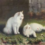 Tiermaler des 20. Jahrhundert ''Paar weiße Katzen'' in einem Garten ruhend - Foto 1