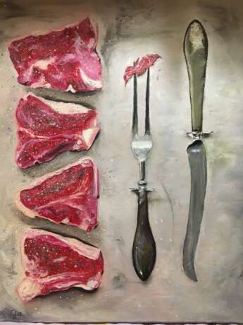 Design Painting “Meat, fork, knife”, Canvas, Oil paint, Still life, Russia, 2021 - photo 1