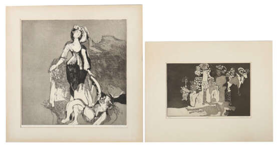 Grafiker des 20. Jahrhundert Paar stilisierte Darstellungen ''St. Catarine and the Devil'' und ''Birth'' - Foto 1