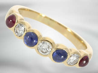 Ring: sehr schöner vintage Goldschmiedering mit Saphir, Rubin und Brillanten, 18K Gold