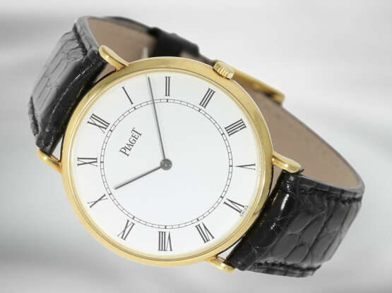 Armbanduhr: sehr flache, goldene und absolut neuwertige Piaget Herren/Damen-Armbanduhr, Ref: 8035N, 18K Gold am Lederband - Foto 1