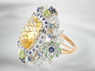 Ring: extravaganter italienischer Designer-Ring mit Citrin, Saphiren und Brillanten, insgesamt ca. 11,21ct, 14K Roségold, neuwertig und ungetragen