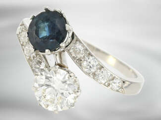 Ring: dekorativer vintage Saphir/Diamant-Goldschmiedering im Overcross-Design