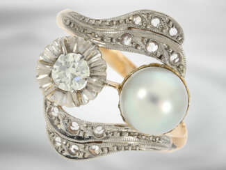 Ring: antiker Goldschmiedering mit Orientperle und Diamanten