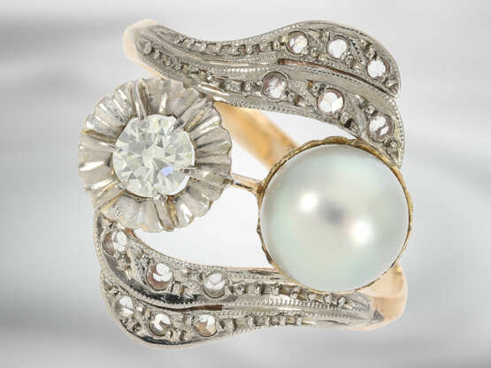 Ring: antiker Goldschmiedering mit Orientperle und Diamanten - Foto 1