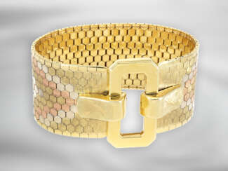 Armband: ungewöhnlich breites, aufwändig gefertigtes und sehr schweres vintage Tricolor-Armband in Form eines Gürtels, 14K Gold