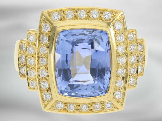 Ring: hochwertiger, sehr dekorativer Brillantring mit Ceylon-Saphir von ca. 5,9ct, 18K Gold, mit GRS Gemstone Report aus der Schweiz - photo 1