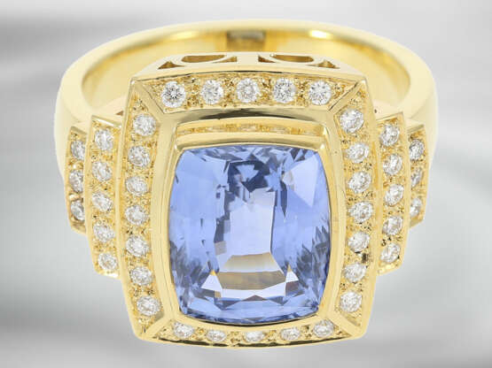 Ring: hochwertiger, sehr dekorativer Brillantring mit Ceylon-Saphir von ca. 5,9ct, 18K Gold, mit GRS Gemstone Report aus der Schweiz - Foto 5