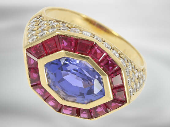 Ring: hochwertiger Rubin/Brillantring mit einem natürlichem "Color-Changing" Saphir von ca. 3,4ct, unbehandelt, mit GRS Gemstone Report aus der Schweiz - Foto 1