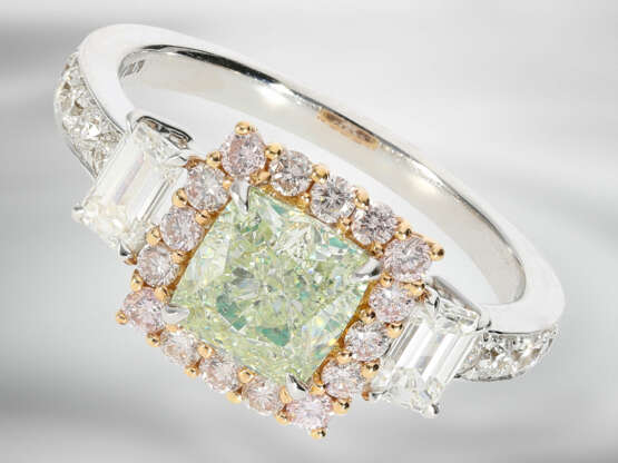 Ring: hochdekorativer neuwertiger Goldring mit extrem seltenem natürlichen Fancy Green Diamanten von 1,54ct, pinken Brillanten und weißen Diamanten, mit GIA Report - Foto 5