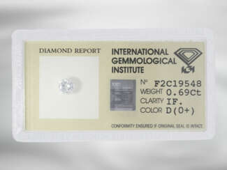 Brillant: seltener Anlage-Diamant in Spitzenqualität, 0,69ct, River D, Lupenrein, inklusive IGI-Report