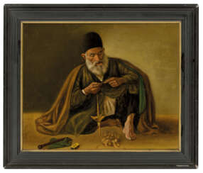 A PORTRAIT OF A SEATED MAN SPINNING WOOL