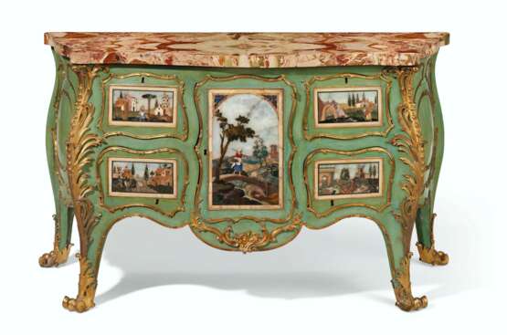 Castrucci, Cosimo (active. Langlois, Pierre. AN EARLY GEORGE III ORMOLU-MOUNTED PIETRA DURA AND CELADON GREEN-PAINTED COMMODE - photo 1