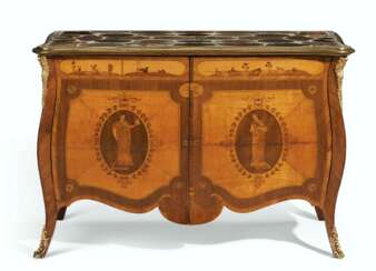 A GEORGE III ORMOLU-MOUNTED TULIPWOOD, SYCAMORE, AMARANTH AND SATINWOOD MARQUETRY COMMODE WITH LAVA AND SPECIMEN MARBLE TOP