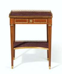 A LOUIS XVI ORMOLU-MOUNTED TULIPWOOD, EBONY AND AMARANTH PARQUETRY OCCASIONAL TABLE