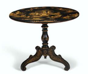 AN EARLY VICTORIAN AND JAPANNED TRIPOD TABLE