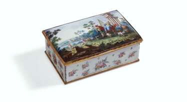 A GILT-METAL MOUNTED STAFFORDSHIRE ENAMEL TABLE-BOX AND COVER