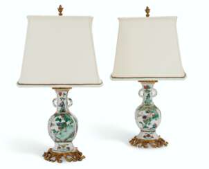 A PAIR OF FRENCH ORMOLU-MOUNTED CHINESE FAMILLE VERTE PORCELAIN VASES, MOUNTED AS LAMPS