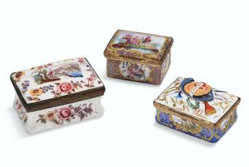 THREE GILT-METAL MOUNTED STAFFORDSHIRE ENAMEL SNUFF-BOXES