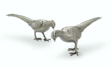 A PAIR OF SPANISH SILVER FIGURES OF PHEASANTS