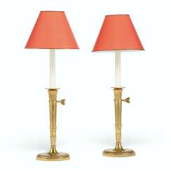 A PAIR OF EMPIRE BRASS BOUILLOTTE LAMPS