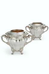 A PAIR OF WILLIAM IV SHEFFIELD-PLATED TWO-HANDLED WINE COOLERS