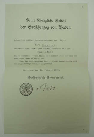 Generalmajor Karl Sauter - Baden: Großherzoglicher Orden vom Zähringer Löwen, Ritterkreuz 1. Klasse Urkunde. - photo 1
