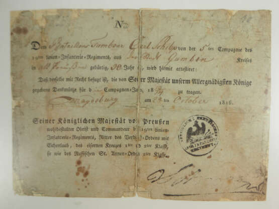 Preussen: Kriegsdenkmünze 1813-1814 Urkunde für einen Bataillons Tambour der 5./ 19. Lininen-Infanterie-Regiment. - photo 1