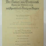 Österreich: Goldenes Verdienstkreuz Urkunde für einen Leutnant i.d.R. der Train Division 8. - Foto 1
