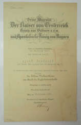 Österreich: Goldenes Verdienstkreuz Urkunde für einen Leutnant i.d.R. der Train Division 8.