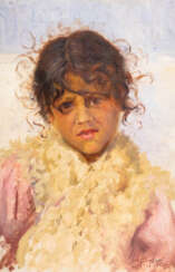 UNBEKANNTER KÜNSTLER Tätig im 19. Jahrhundert/20. Jahrhundert Mädchenportrait (Wladimir Makowski-Nachfolge) Öl auf Holztafel. 35 cm x 24