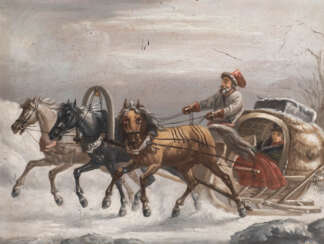 RUSSISCHER GENREMALER Tätig im 19. Jahrhundert Troika im Winter Öl auf Metallplatte. 34 cm x 44