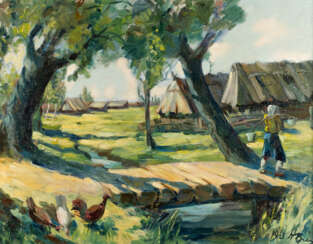 ECOLE RUSSE Peintre vers 1940 Village en été Huile sur toile. 54 cm x 70 cm. Cadre. Signé et daté illisiblement «1943» en cyrillique en bas à droite. Perte de couleur min.