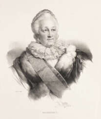 HENRI GREVEDON 1776 Paris - 1860 ebenda (nach) Portrait von Katharina II. Lithografie auf Papier. 51 cm x 36 cm. Am unteren Rand bezeichnet. Part. min. beschädigt