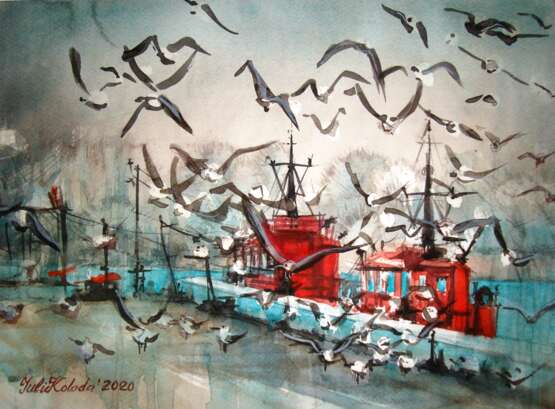Design Painting “rainy pier”, Watercolor paper, Watercolor, Naturalism, Ukraine, 2020 - photo 1