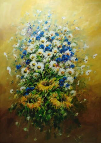 Peinture «Bouquet de bleuets, marguerites et tournesols», Panneau de fibres de bois, Peinture à l'huile, Réalisme, Nature morte, Russie, 2018 - photo 1