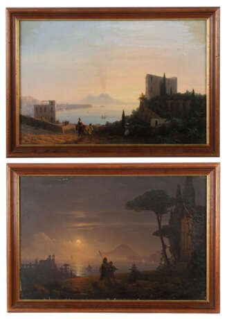 Landschaftsmaler des 19. Jahrhundert Paar italienische Landschaften: 1x ''Golf von Neapel mit Vesuv'' - Foto 1