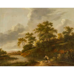 MALER/IN 18. Jahrhundert, "Jäger mit Hund am Flussufer",