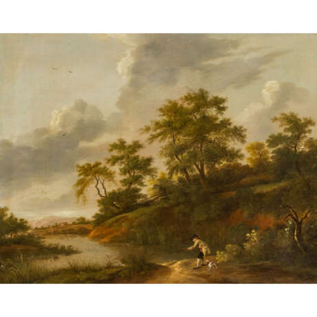 MALER/IN 18. Jahrhundert, "Jäger mit Hund am Flussufer", - photo 1