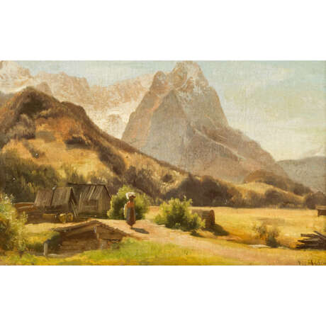 HÖFER, HEINRICH (1825-1878), "Sennerin vor Hütten im Wettersteingebirge mit Blick auf die Zugspitze", - photo 1