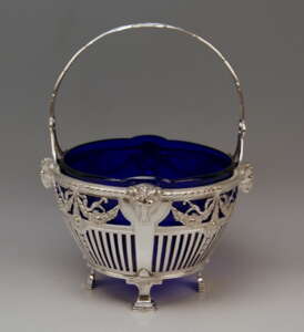 Silver 800 Art Nouveau Basket Original Blue Glass Liner Bremen, Germany