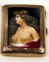 Sterling Silver Erotica Cigarette Box Enamel Painting Lady Nude, Birmingham 1902 Sterling Silver Erotica Cigarette Box Enamel Painting Lady Nude, Birmingham 1902