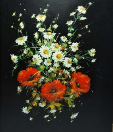 Gemälde „Blumenstrauß von Mohnblumen und Gänseblümchen auf einem schwarzen Hintergrund“, Hartfaserplatte, Ölfarbe, Realismus, Stillleben, Russland, 2019 - Foto 1