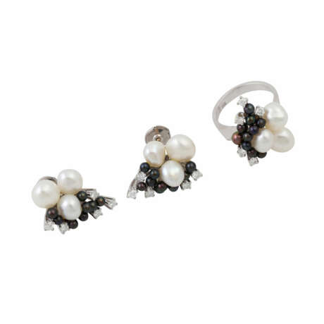 Schmuckset Ring und Ohrringe mit Perlen und Brillanten, - photo 1