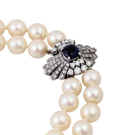 Perlenkette zweireihig mit Saphir-Diamant-Schließe, - Foto 4