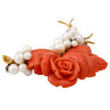 Brosche "Rose" aus Koralle mit Zuchtperlen und 3 kl. Diamanten, - photo 3