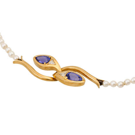 Perlenkette, Schließe mit je 2 Tansaniten und Diamanttriangeln, - Foto 4