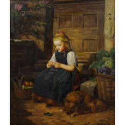 WENDLAND, L. (Genremaler 20. Jahrhundert), "Mädchen in Tracht vor dem Haus sitzend bei der Handarbeit",