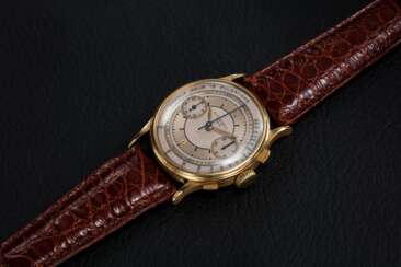 PATEK PHILIPPE, REF. 130, A GOLD RESTORED CRONOGRAPH WITH PULSOMETER SCALE